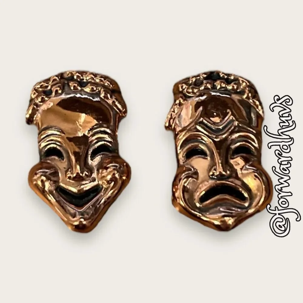 Renoir Marked Copper Drama Masks Clip-On Earrings